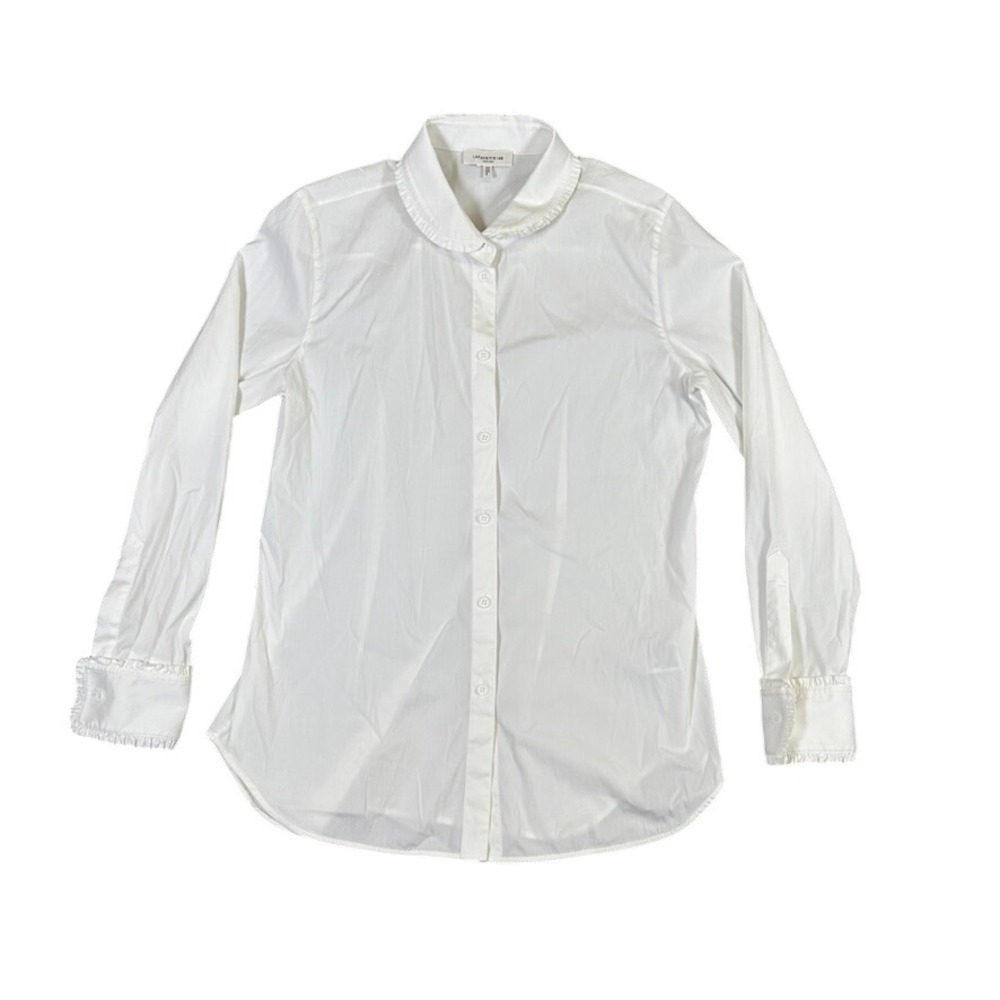 Lafayette 148 New York White Ruffle Peter Pan Collar Cotton Blouse Size M